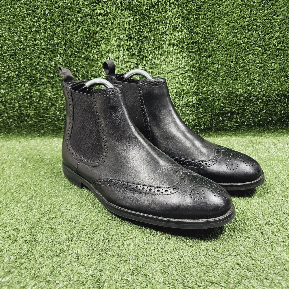 Clarks Wingtip Brouge Black Leather Pull On Chelsea Ankle Boots Mens Size 10